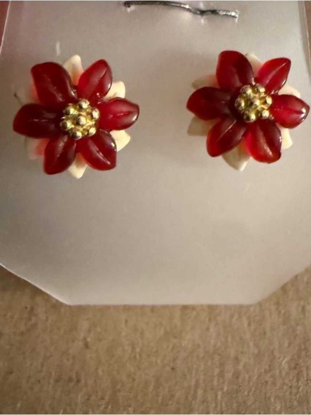 Red Floral Stud Earrings with Gold Center